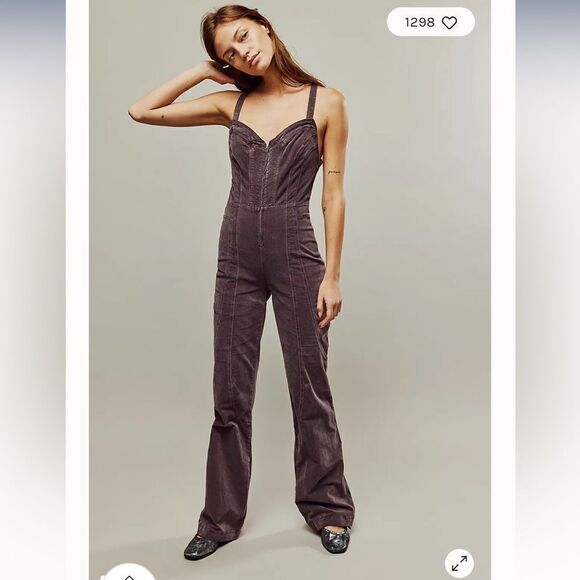 Free People How Low One-Piece Purple Velvet Overalls 4 - Picture 1 of 10